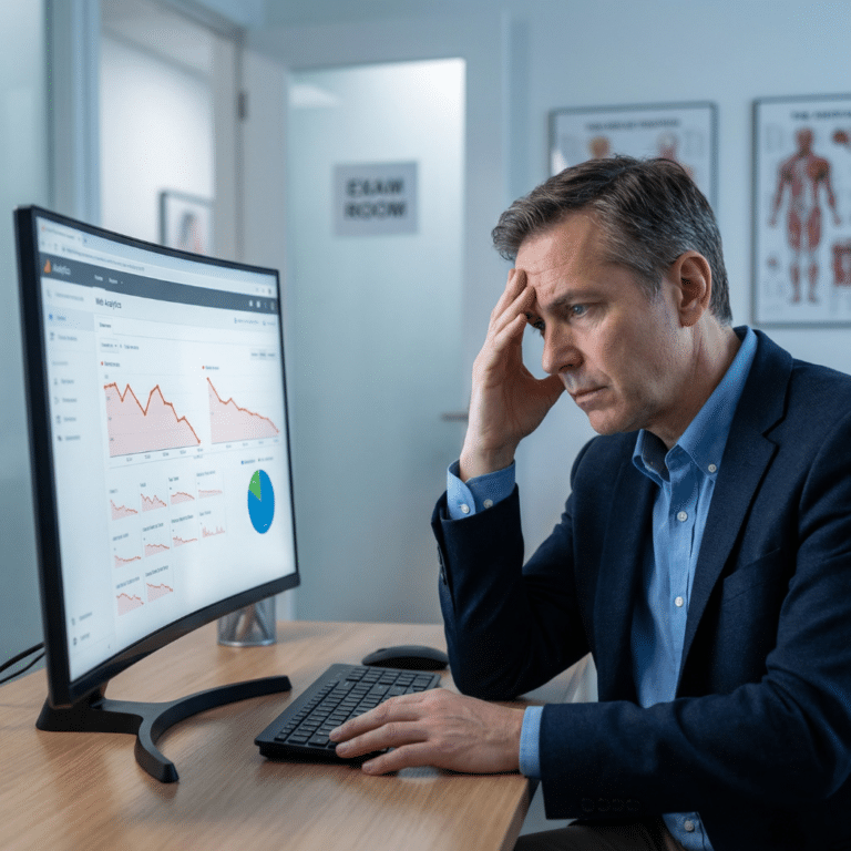 A stressed practice owner holds his head as a curved monitor shows a falling chart of medical practice website traffic