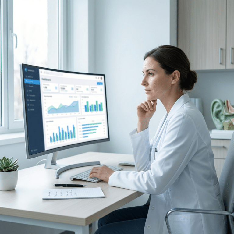 A clinician studies a curved monitor of bar charts and graphs, reviewing data tied to Google Ads for regenerative medicine