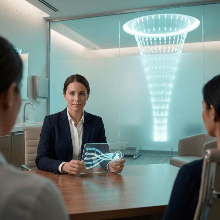 A consultant holds a glowing network diagram beneath a lighted funnel shape