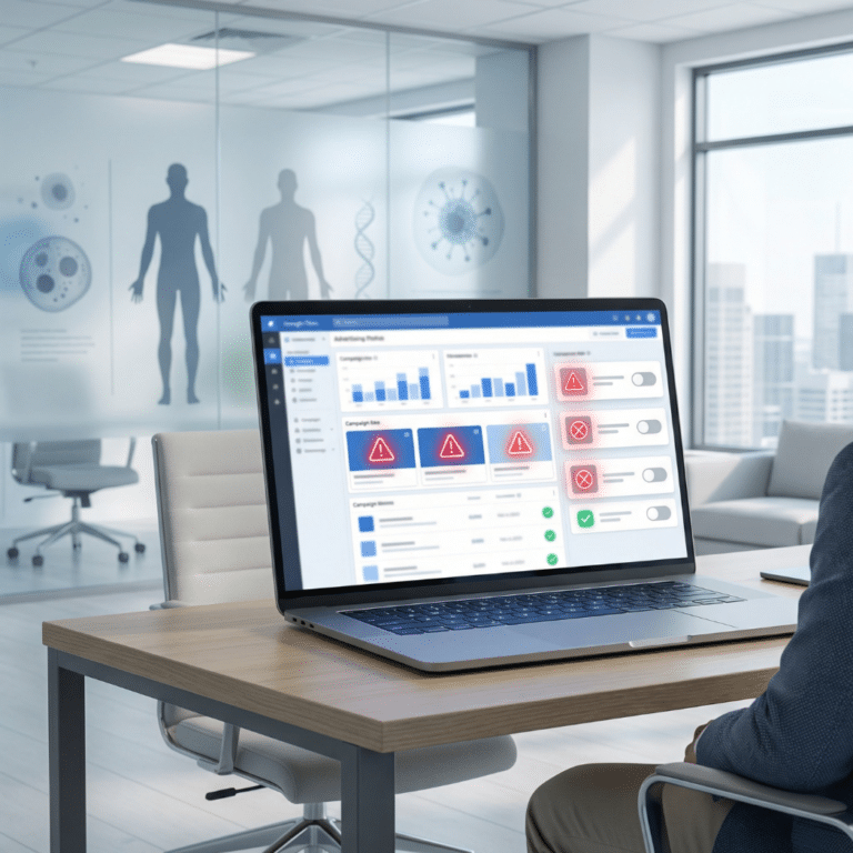 A laptop ad dashboard flagged with red warning icons sits on a desk