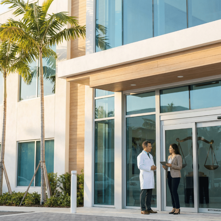 A doctor and a consultant talk outside a palm lined clinic entrance