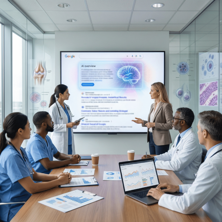 Clinicians at a boardroom table watch two presenters at a screen showing a Google AI Overview result