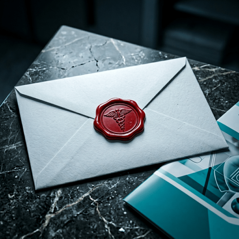 A sealed envelope with a red medical wax stamp rests on a dark desk, evoking FDA warning letter risk for a clinic