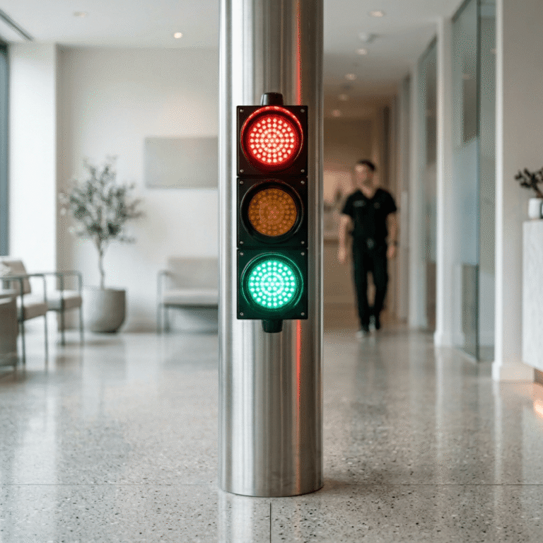 A red, yellow and green traffic light glows in a clinic hallway