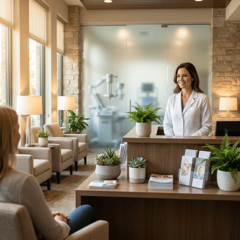 A warm, upscale clinic lobby with a smiling receptionist and plants shows how to position your regen practice
