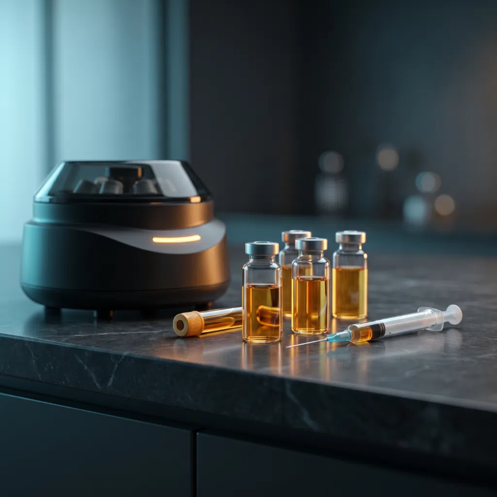 Amber vials and a centrifuge on a dark lab counter
