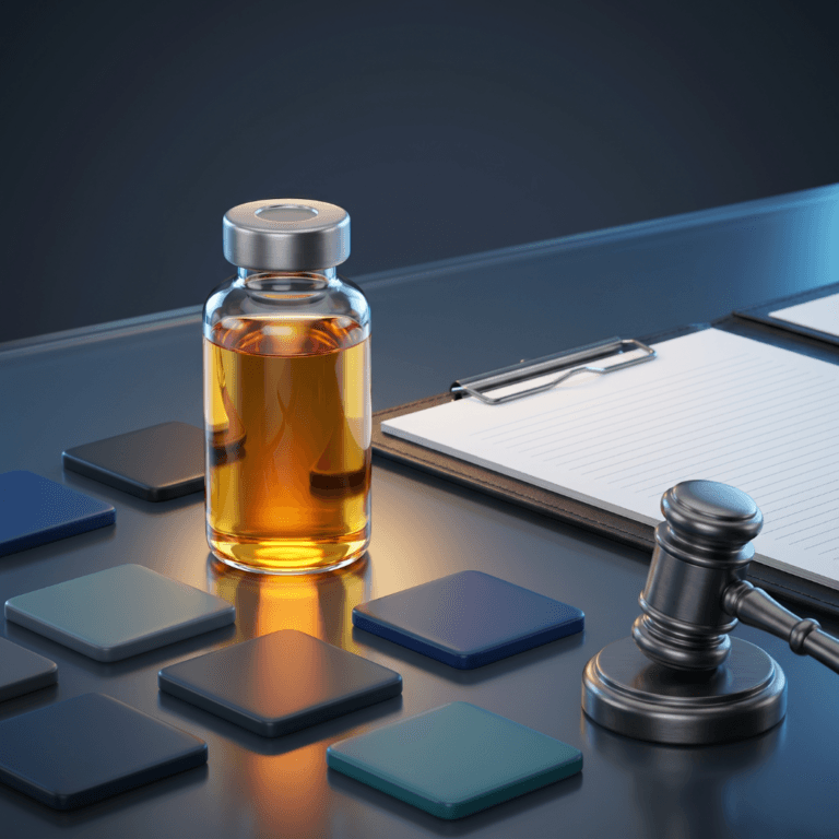 A glowing amber vial beside a gavel and a clipboard