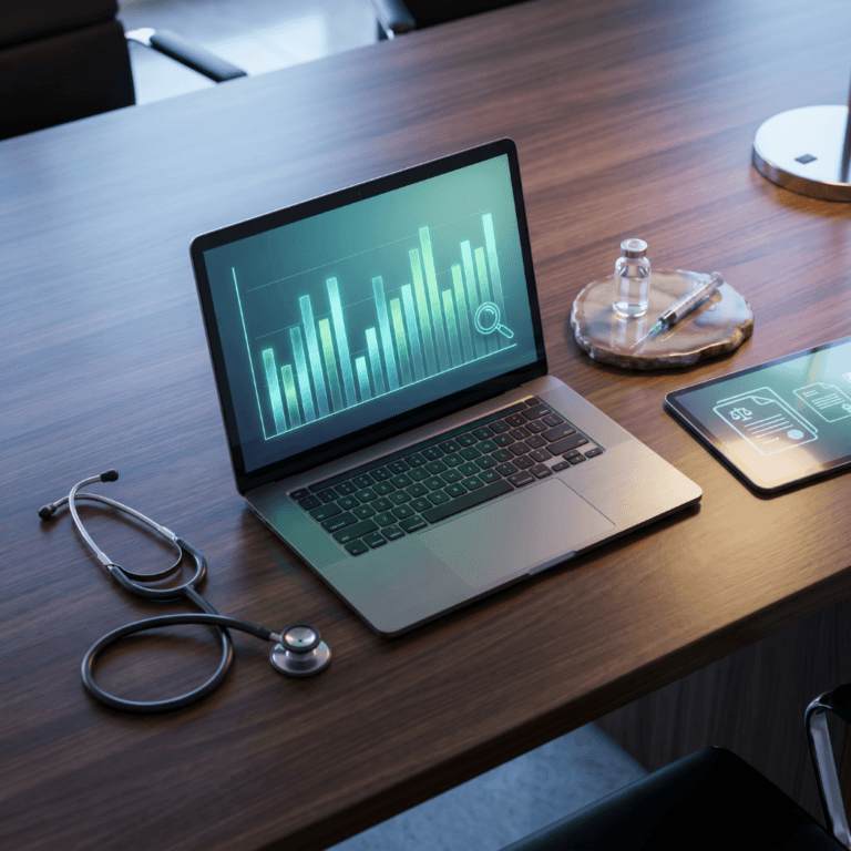 A laptop showing a green search analytics chart beside a stethoscope