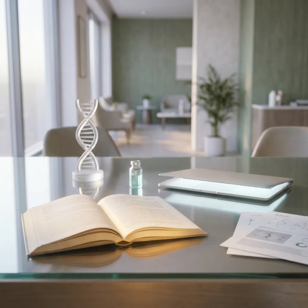 An open book and DNA helix model on a glass desk with a laptop capture stem cell content marketing