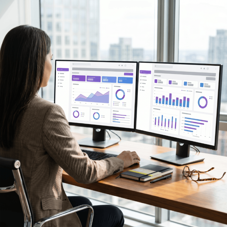 A dual monitor setup displays purple bar charts and dashboards, tracking programmatic advertising performance