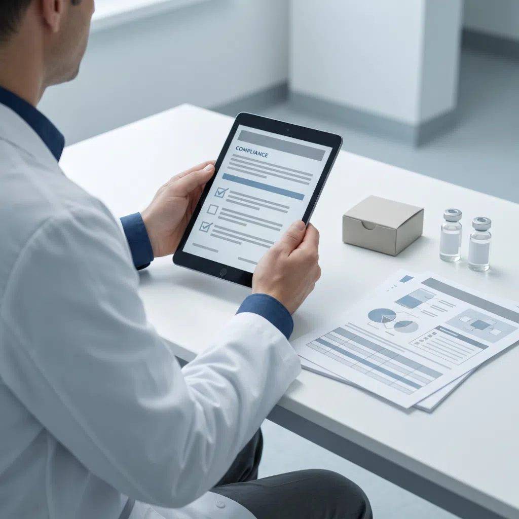 A physician checks a compliance checklist on a tablet beside small vials