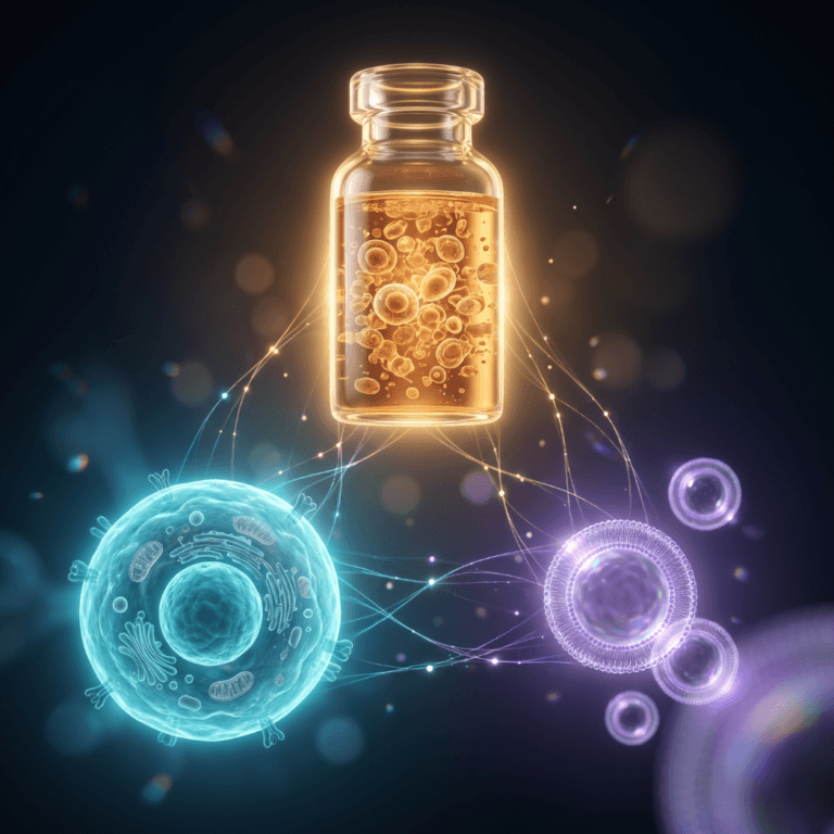 An amber vial links by glowing threads to a teal cell and purple exosomes for orthobiologics marketing