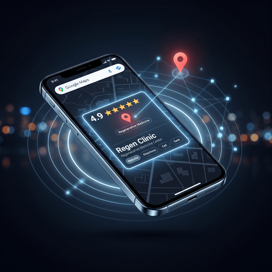A smartphone shows a five star map listing ringed by signal waves for Google Business Profile for regen clinics
