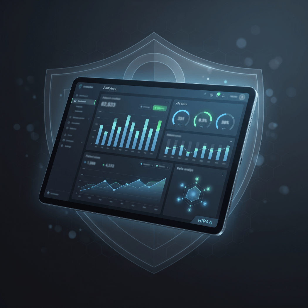 A tablet analytics dashboard floats before a glowing shield representing HIPAA-compliant analytics for clinics