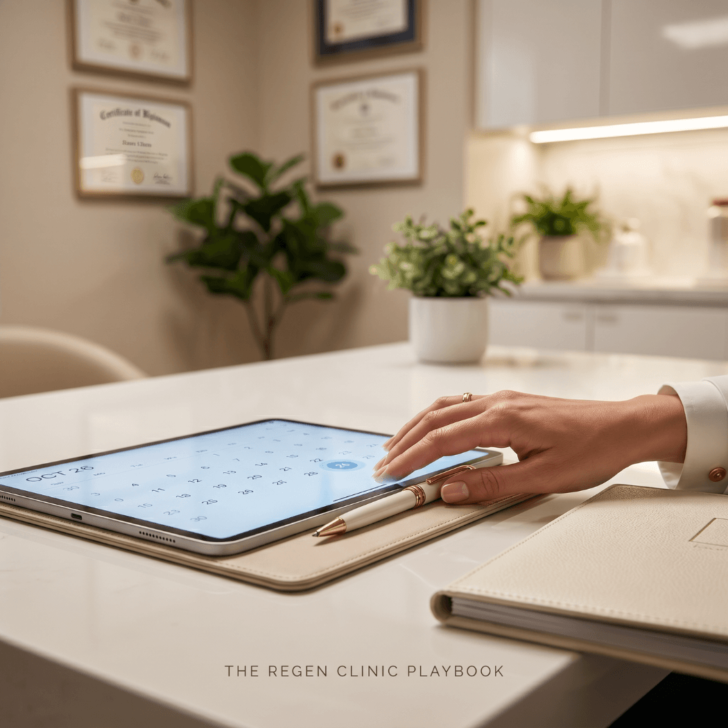 A hand taps a calendar app on a tablet at a clinic desk showing consultation conversion into a booking