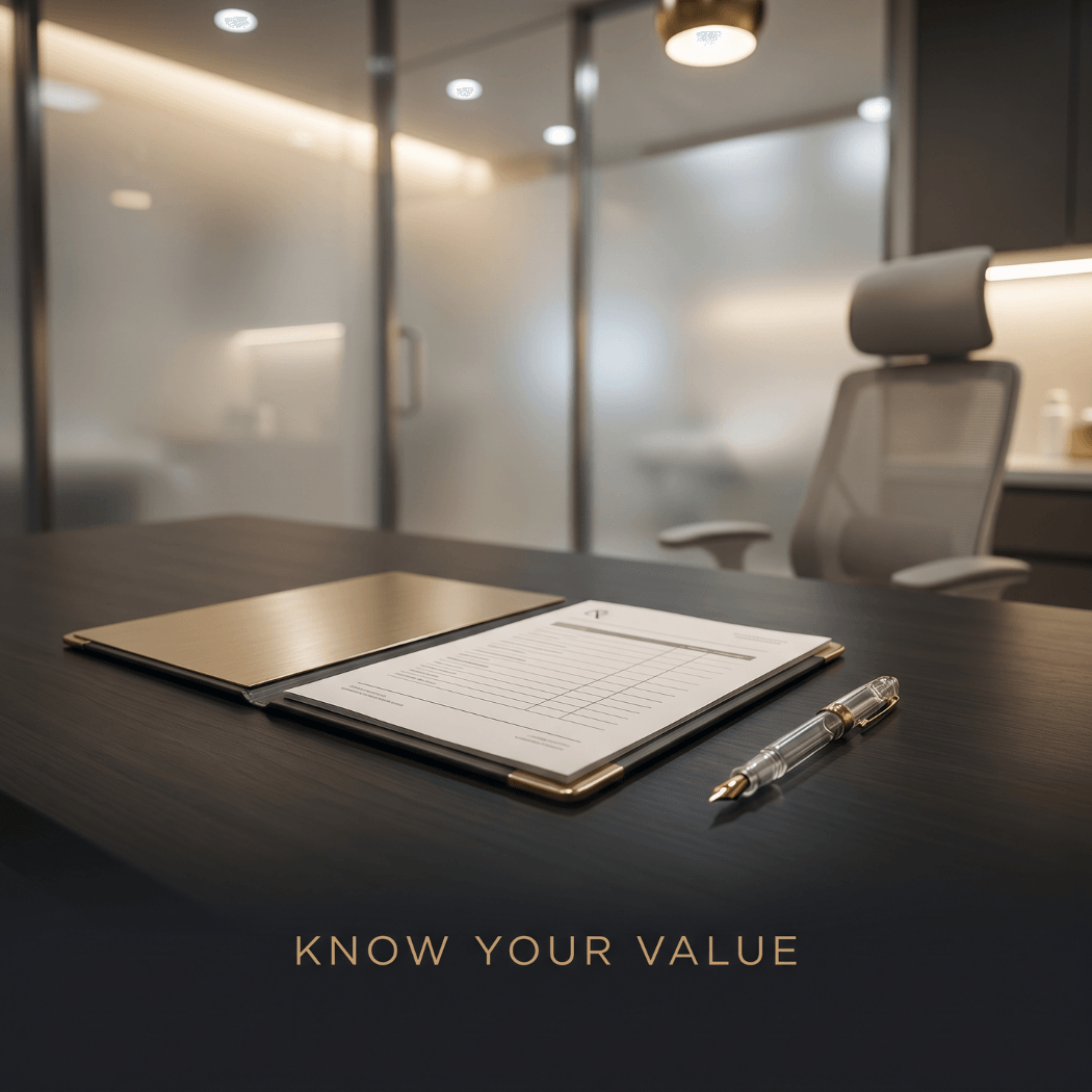 A dark office desk with a pricing sheet and pen beside an exam chair frames the regen clinic price question