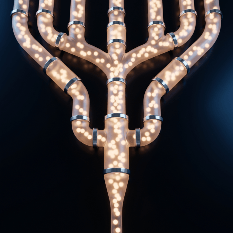 Glowing particles flow through branching pipes converging into one trunk for patient demand generation