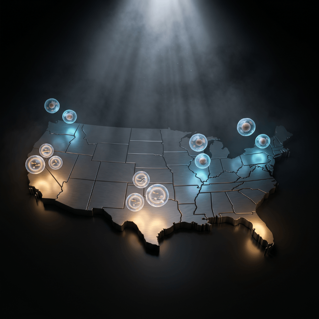 Glowing cell shaped markers across a metallic US map illustrate stem cell marketing laws that vary by state