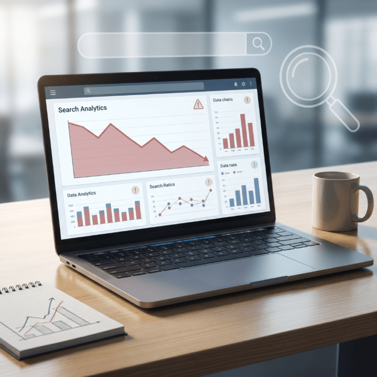 A laptop on a desk showing a search analytics dashboard with a falling red line chart