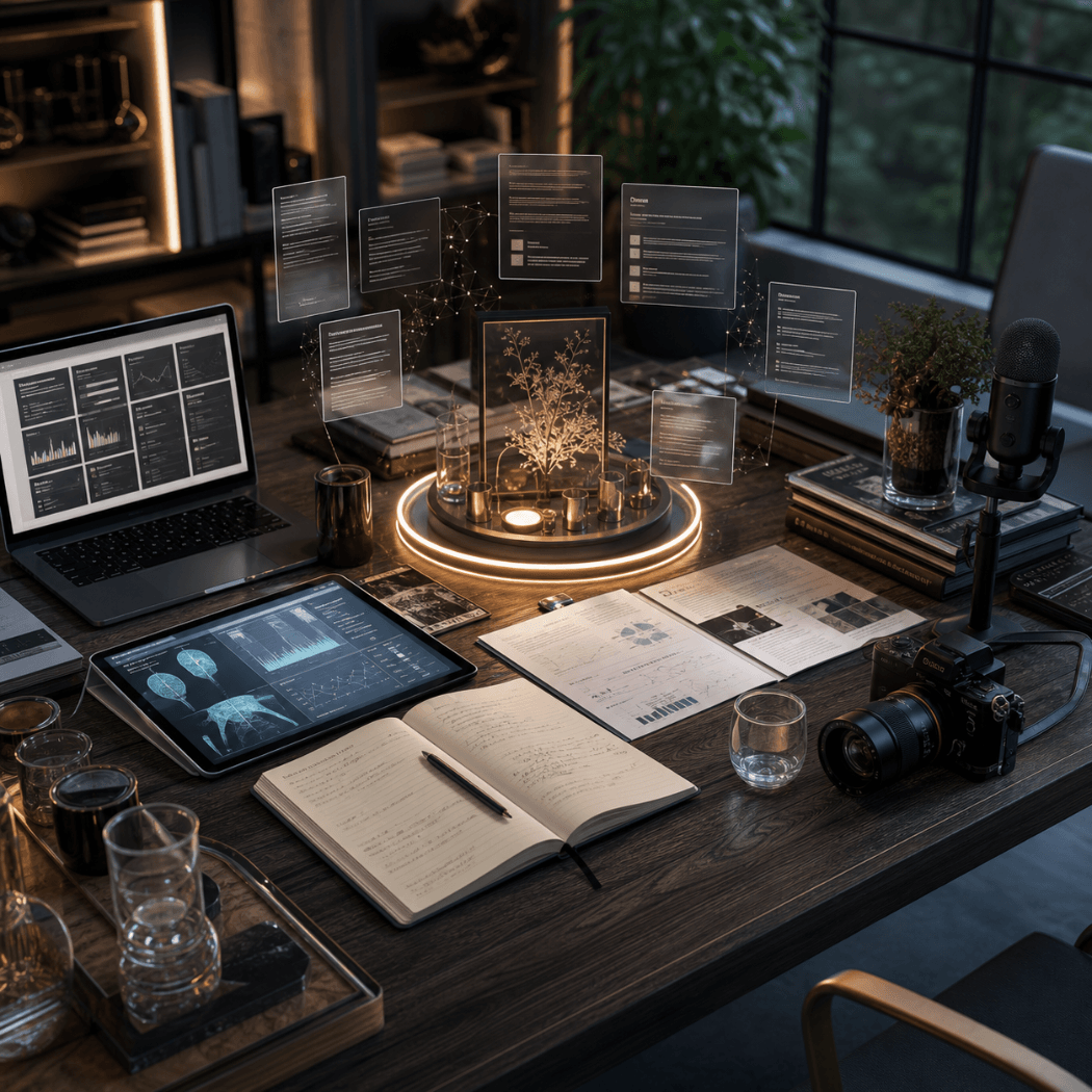 A dark desk with a laptop, tablet, open notebook, camera and microphone under floating article panels