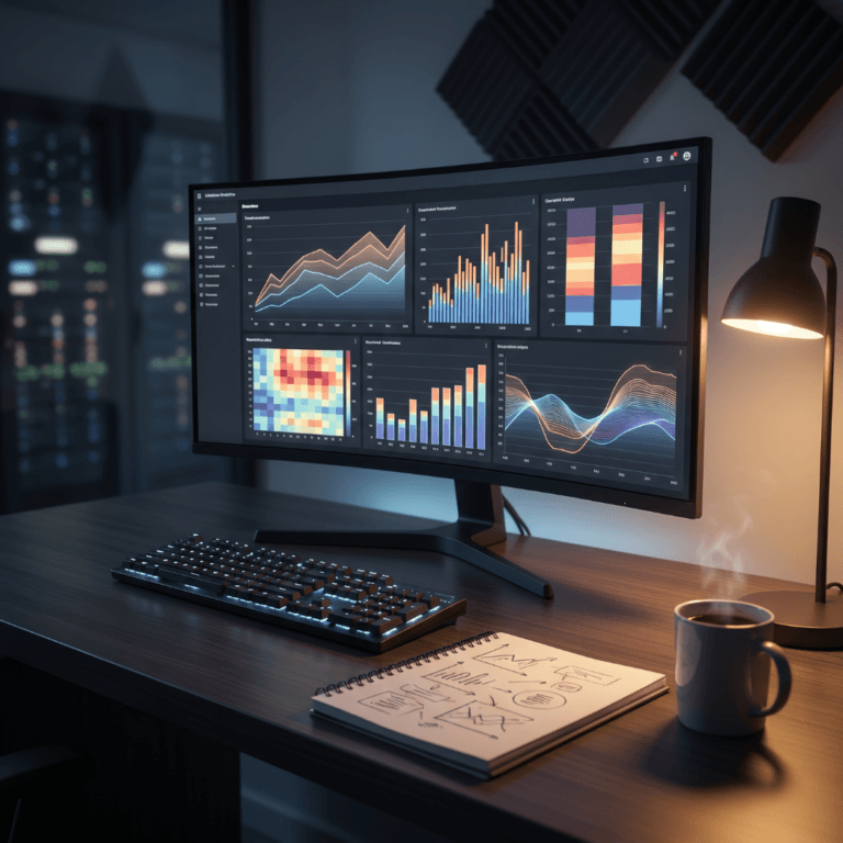 A curved monitor on a dark desk at night showing analytics dashboards of line, bar and heatmap charts