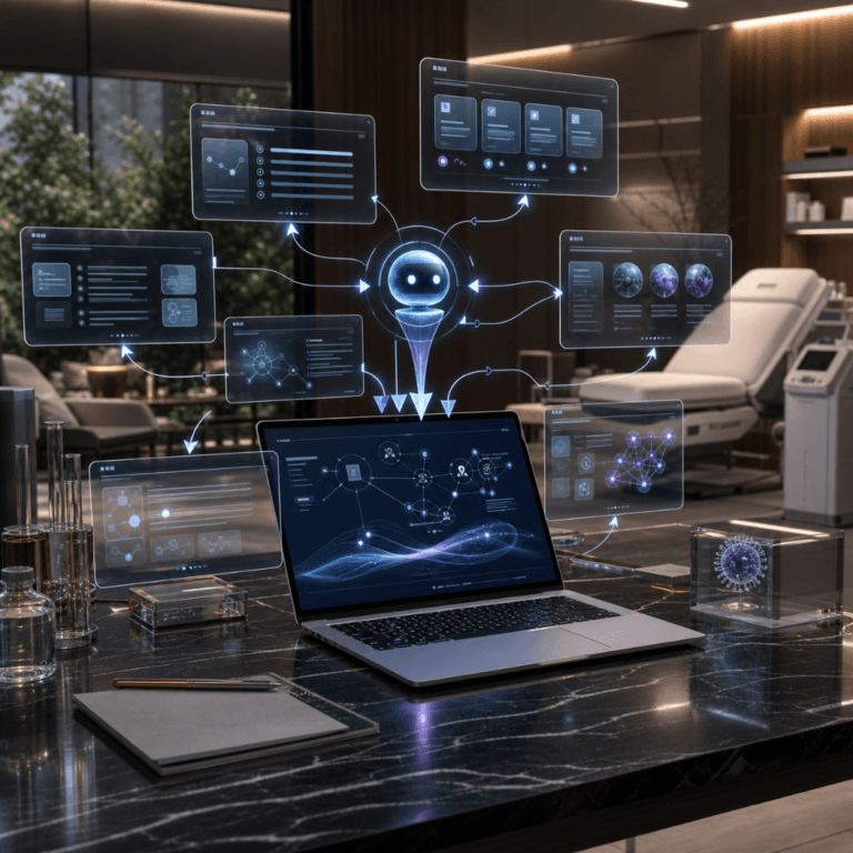 A laptop on a dark clinic desk with floating interface panels linked to a small AI assistant figure