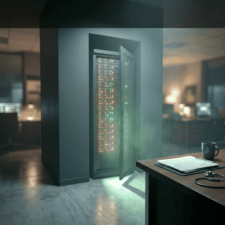 AI ops consulting shown as a dark equipment cabinet of amber and green indicator lights, one door spilling green