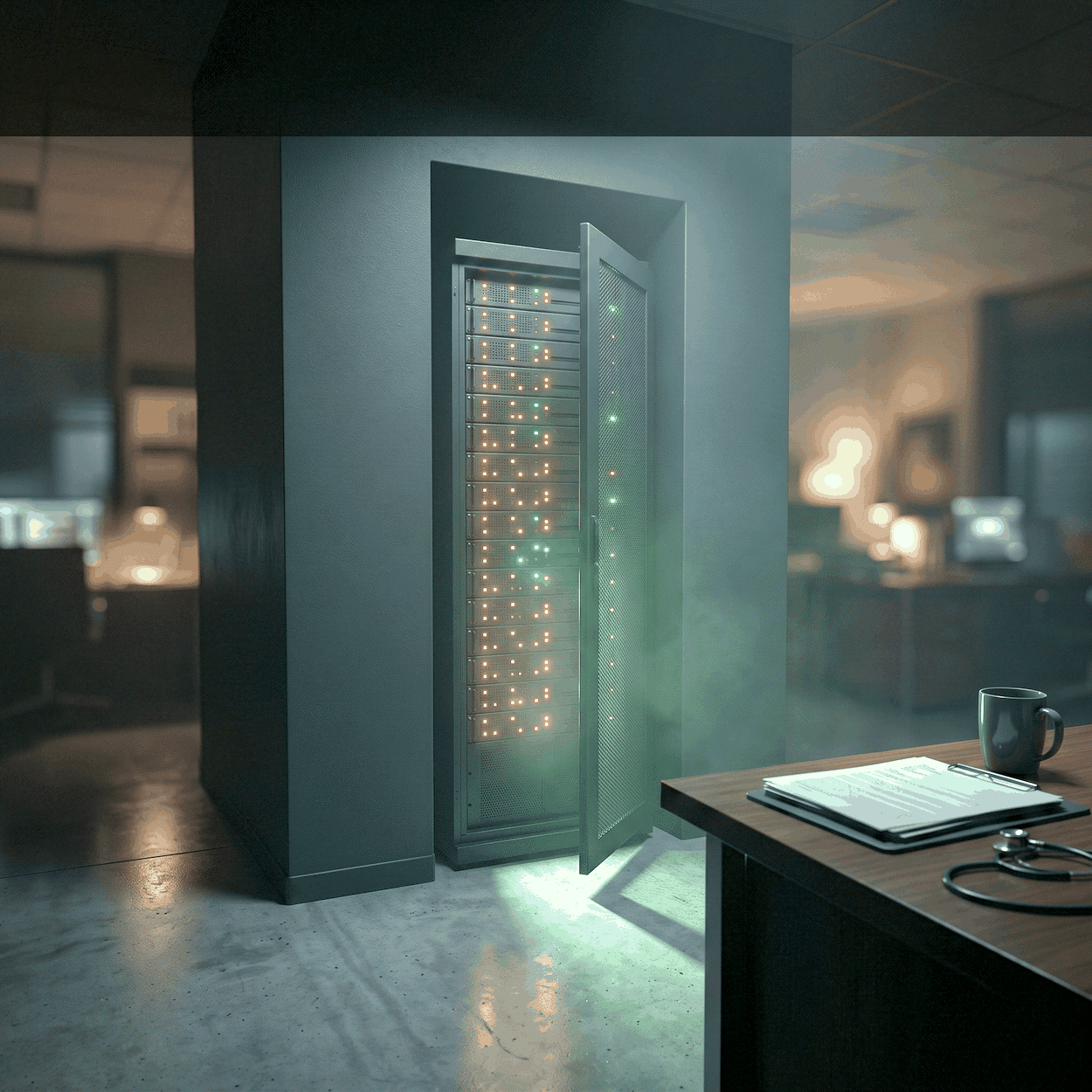 AI ops consulting shown as a dark equipment cabinet of amber and green indicator lights, one door spilling green