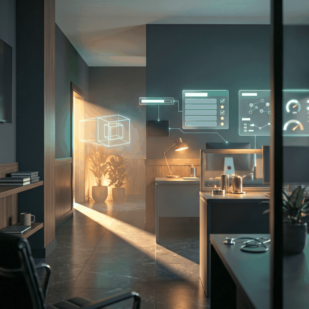 Alternative medicine SEO shown as a dark clinic hallway with golden light and a cyan wireframe in the doorway