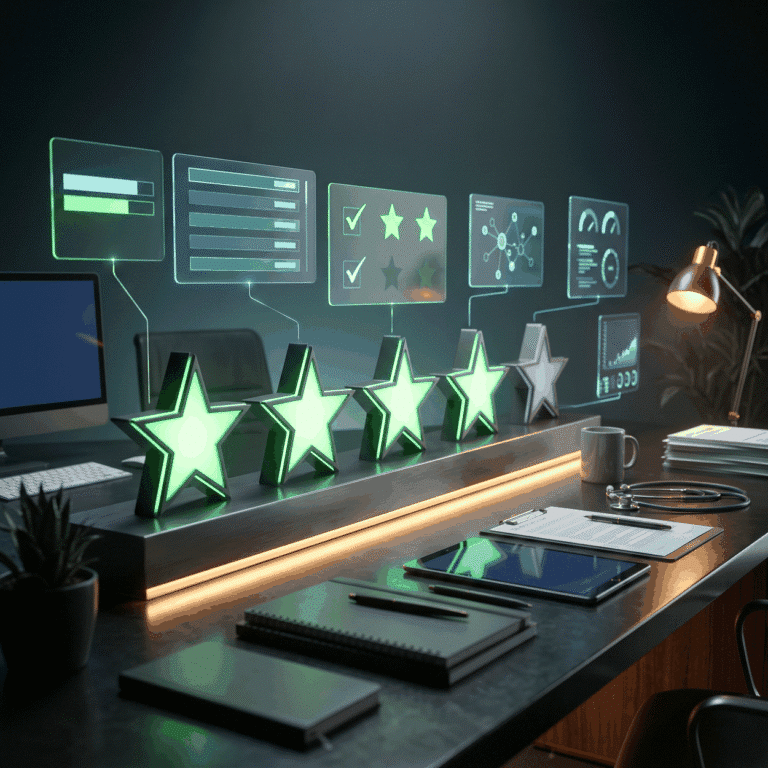 Clinic reputation shown as a row of five star forms on a dark ledge, four lit green and one dimmed, warm light below