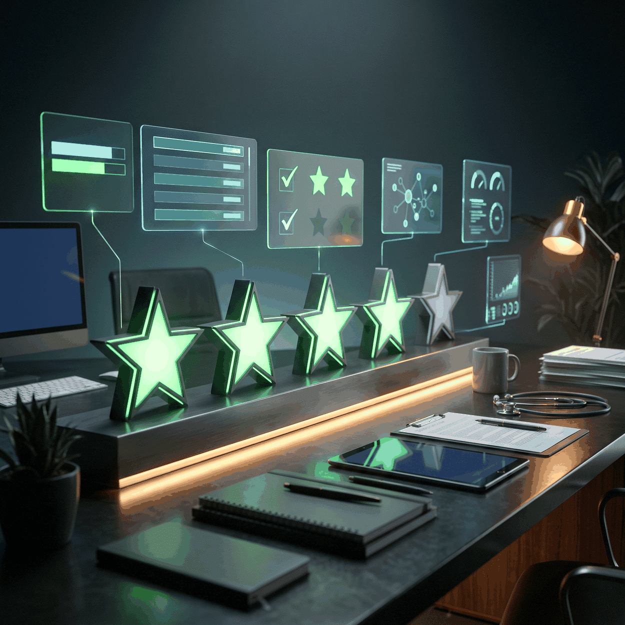 Clinic reputation shown as a row of five star forms on a dark ledge, four lit green and one dimmed, warm light below