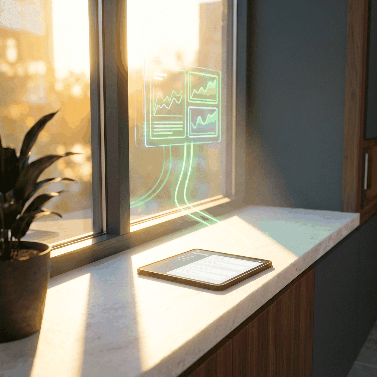 Generative engine optimization shown as green traces rising from a tablet up a sunlit window on a pale stone ledge