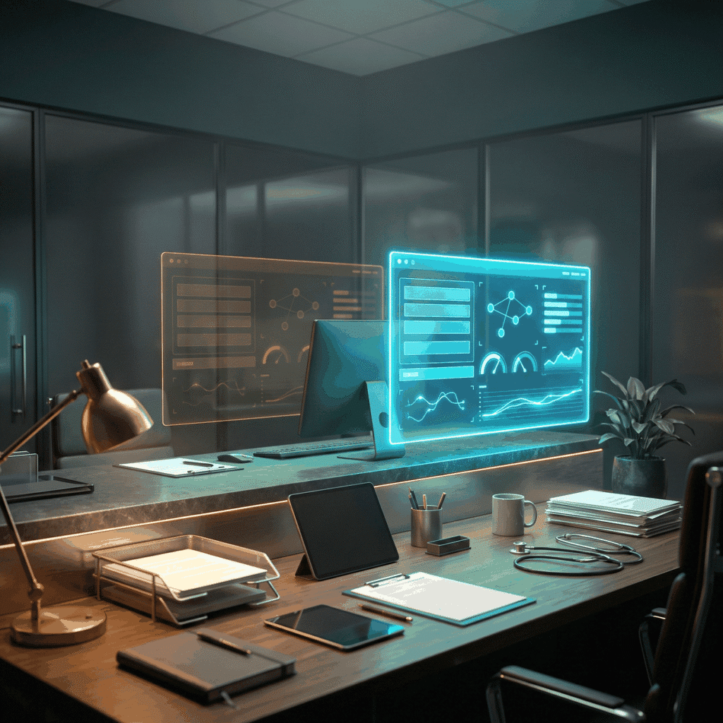 Exosome hair loss claims shown as a dimmed amber holographic panel beside a bright green one on a dark walnut desk