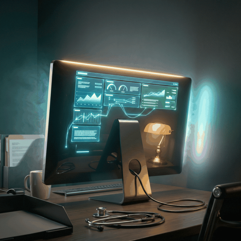 A Search Console impressions drop shown as monitor glow on a dark wall with a green trace stepping downward
