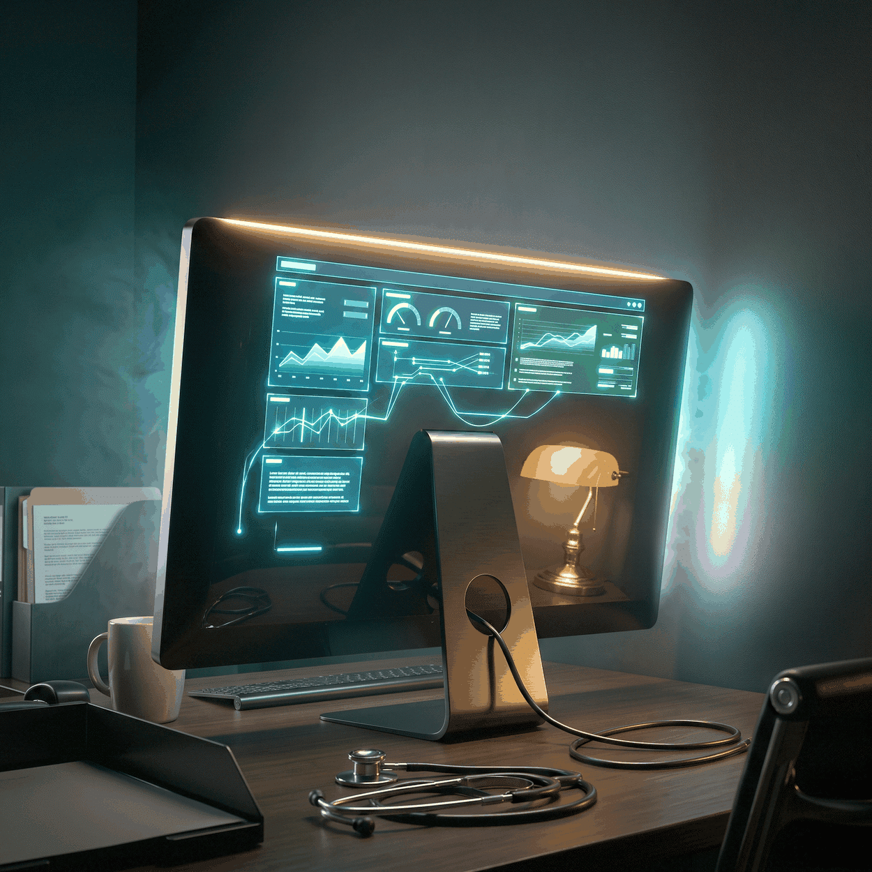 A Search Console impressions drop shown as monitor glow on a dark wall with a green trace stepping downward