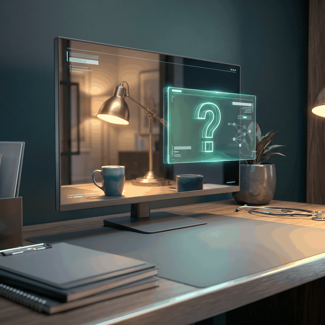 A GSC impressions drop as a dark monitor reflecting a warm lamplit room with a green question mark on the glass
