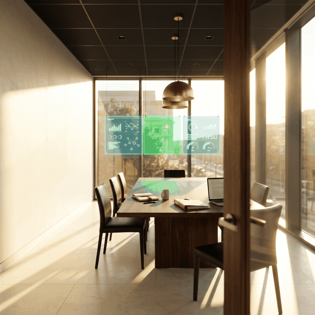 In-house vs agency marketing shown as a sunlit boardroom with three panels above the table, the centre one green