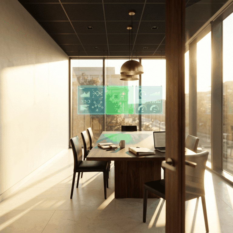 In-house vs agency marketing shown as a sunlit boardroom with three panels above the table, the centre one green