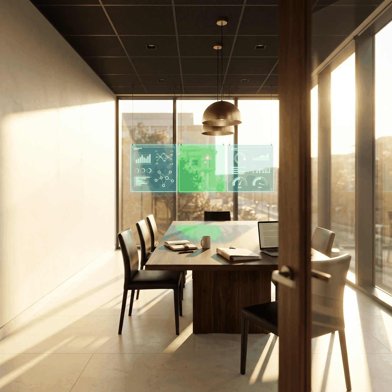 In-house vs agency marketing shown as a sunlit boardroom with three panels above the table, the centre one green