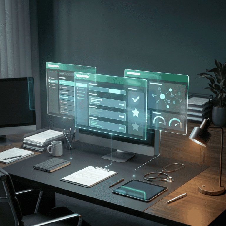Keyword cannibalization shown as three overlapping holographic panels above a dark desk, the intersection burning green