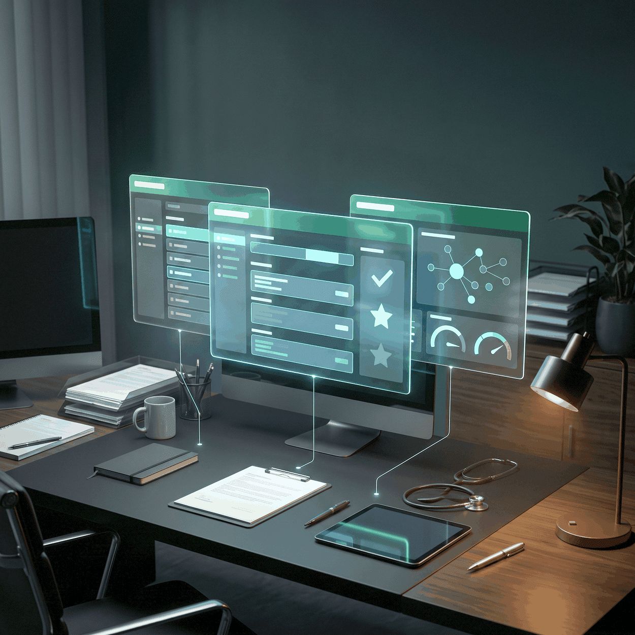 Keyword cannibalization shown as three overlapping holographic panels above a dark desk, the intersection burning green