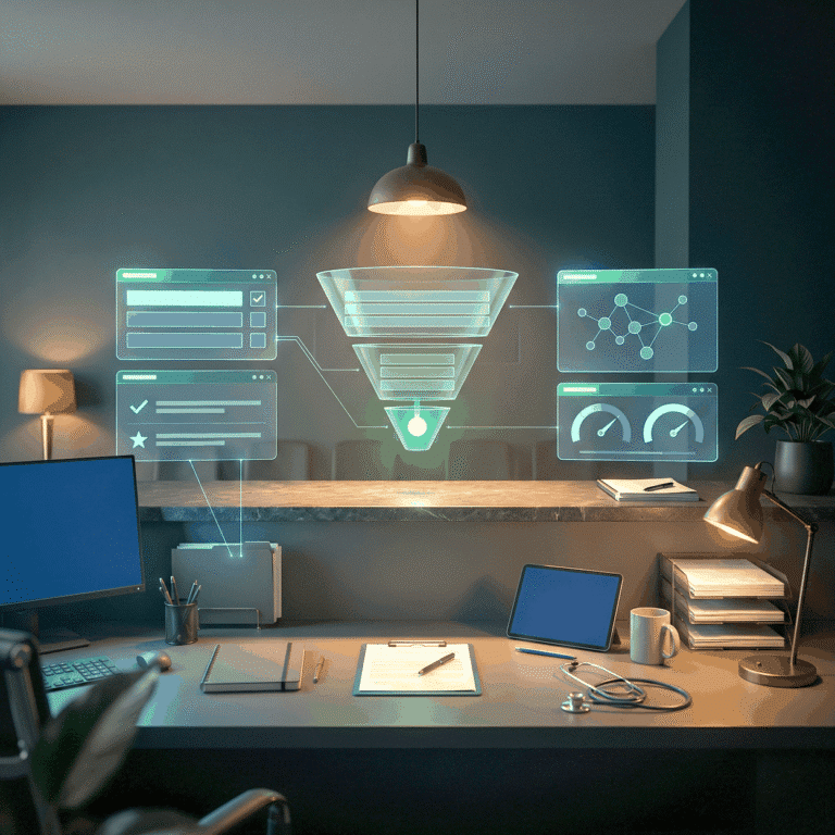 New patient acquisition shown as a holographic funnel narrowing to a green node above a warm-lit reception counter