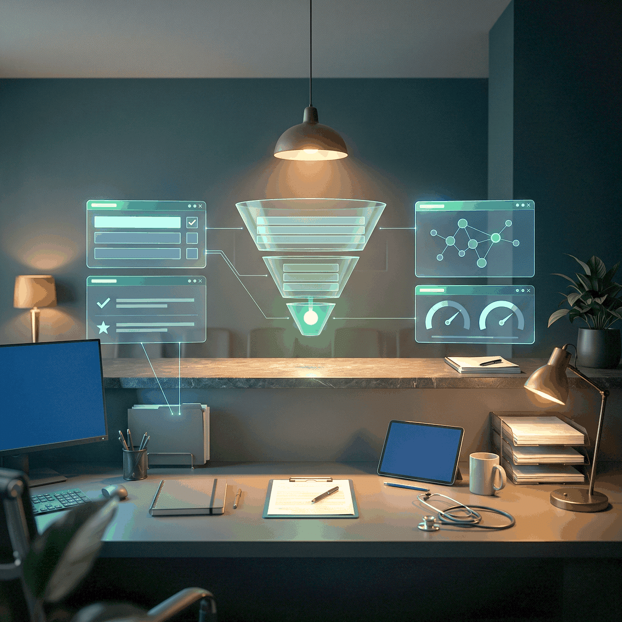 New patient acquisition shown as a holographic funnel narrowing to a green node above a warm-lit reception counter