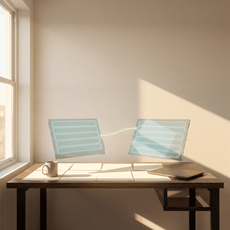 Referral partnerships shown as two holographic panels joined by a green trace above sunlit paper on a walnut desk