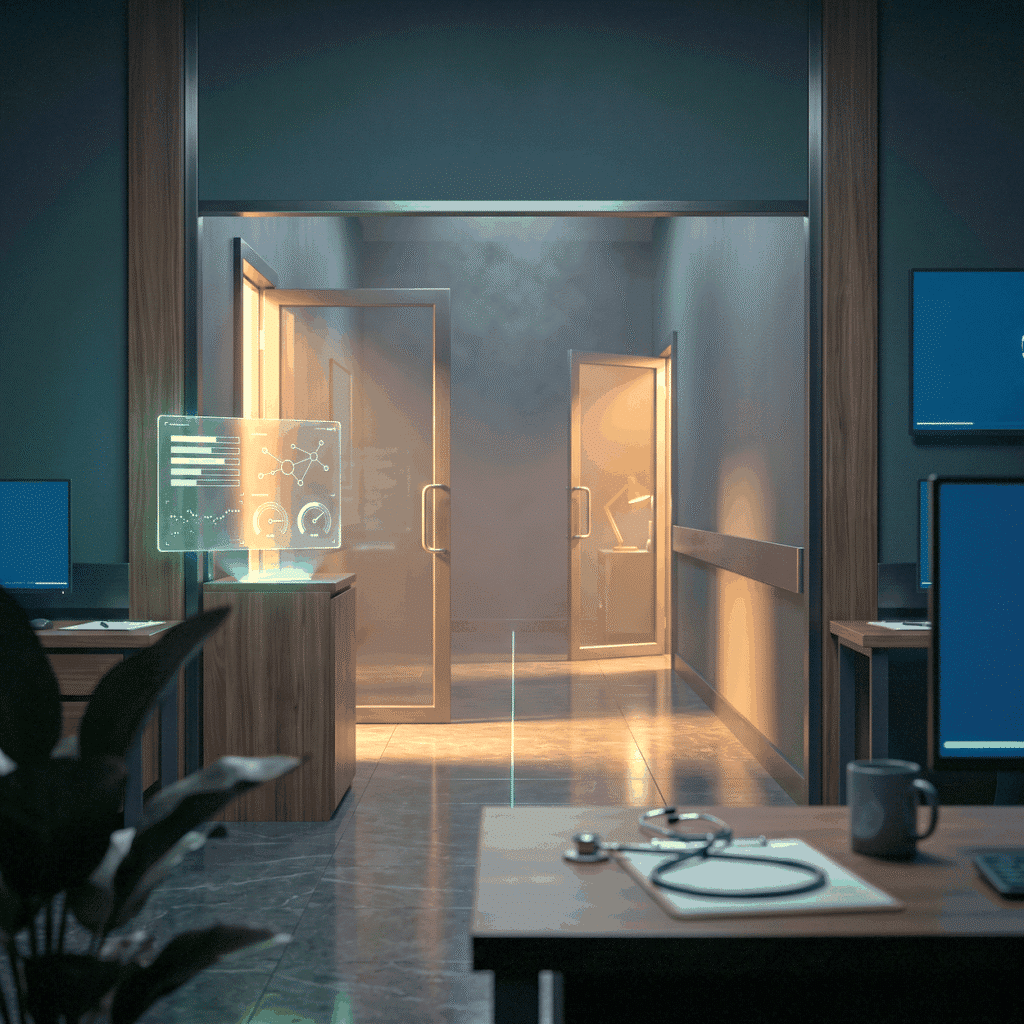 A physician referral path shown as a dark clinic corridor with two warm-lit doorways and a green trace between them