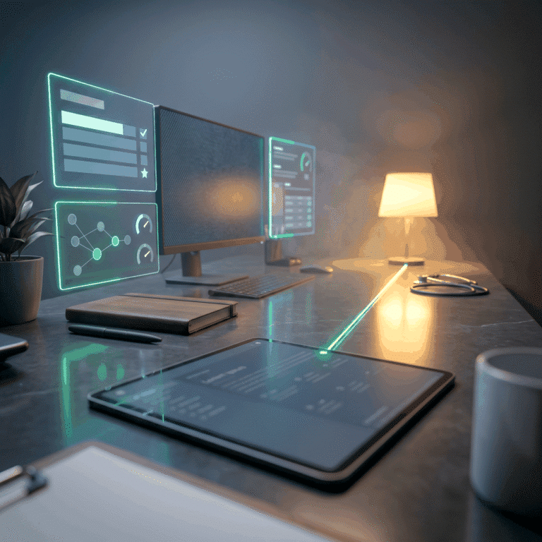 Regen clinic website UX as a green light trace running from a tablet across a dark desk toward a distant warm lamp
