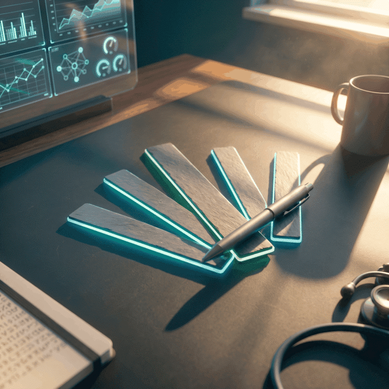 A digital marketing channel mix as five slate bars of differing lengths fanned on a dark desk, the longest lit green
