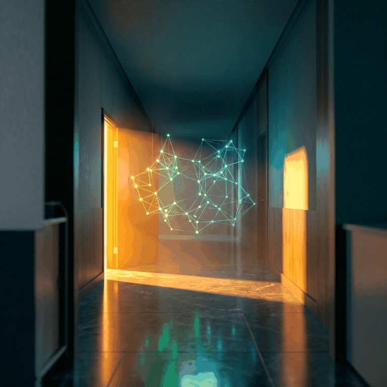 Regen digital transformation shown as green nodes suspended down a dark corridor with one blazing warm doorway