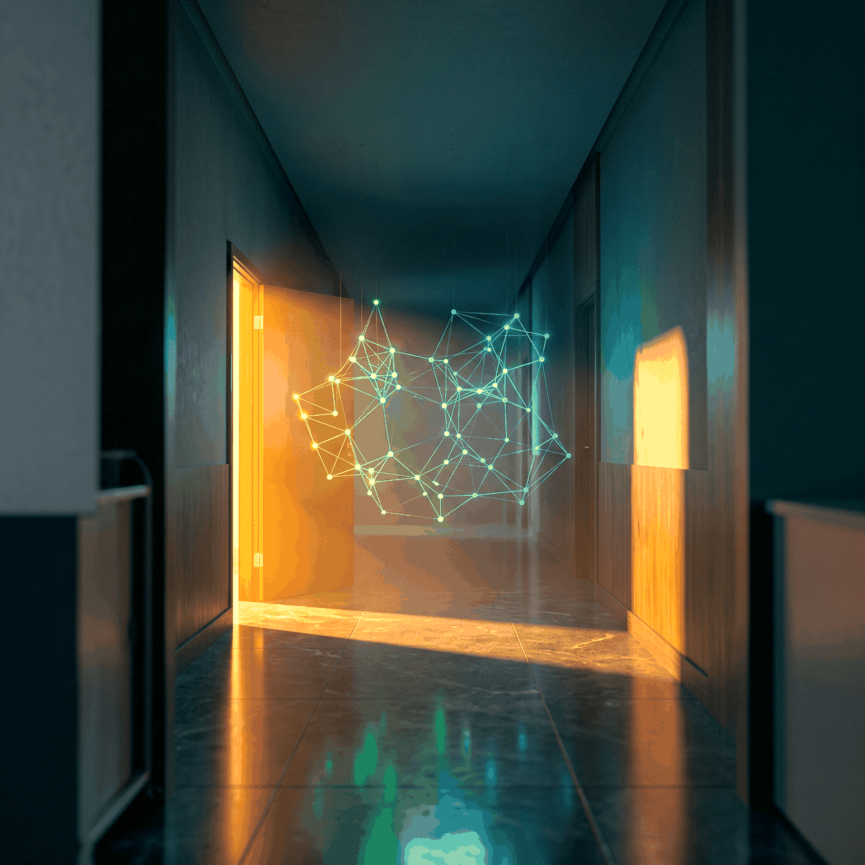 Regen digital transformation shown as green nodes suspended down a dark corridor with one blazing warm doorway