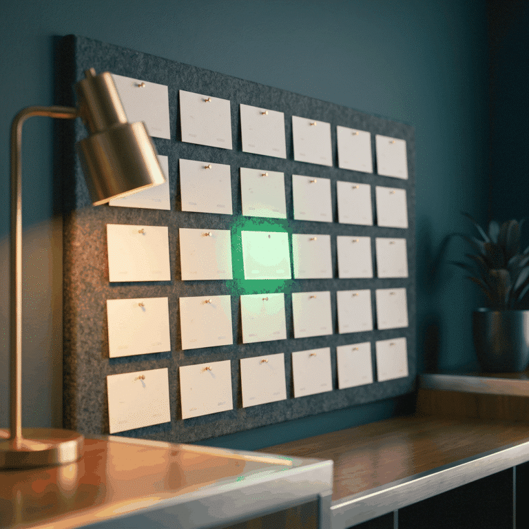 Regen med marketing terms shown as a dark felt pin wall of small blank cards, one lit green, warm lamp raking across